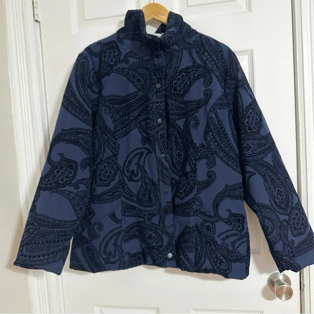 Chico’s Zenergy Women’s XL Blue Black Paisley Flocked Jacket Coat Fall